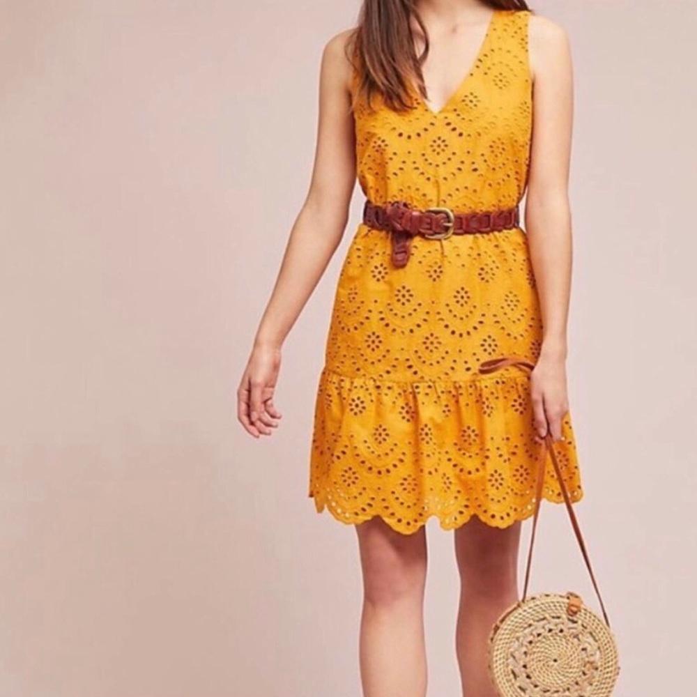 Dolan Mustard Yellow Eyelet Tiered Shift Dress Womens Size S Preppy Party Boho